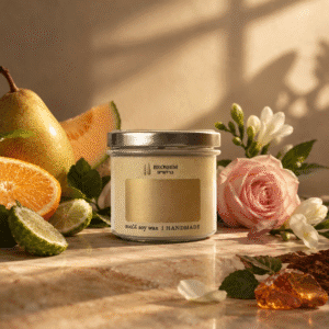 נר ריחני "גן אנגלי" (Pear & Freesia) מבית Broshim Candles מוקף באגסים, פרזיות ופירות הדר.
